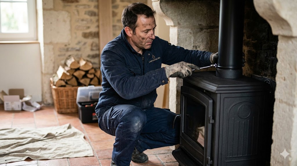 Artisan chauffagiste qualifié installant un poêle dans la Manche et le Calvados